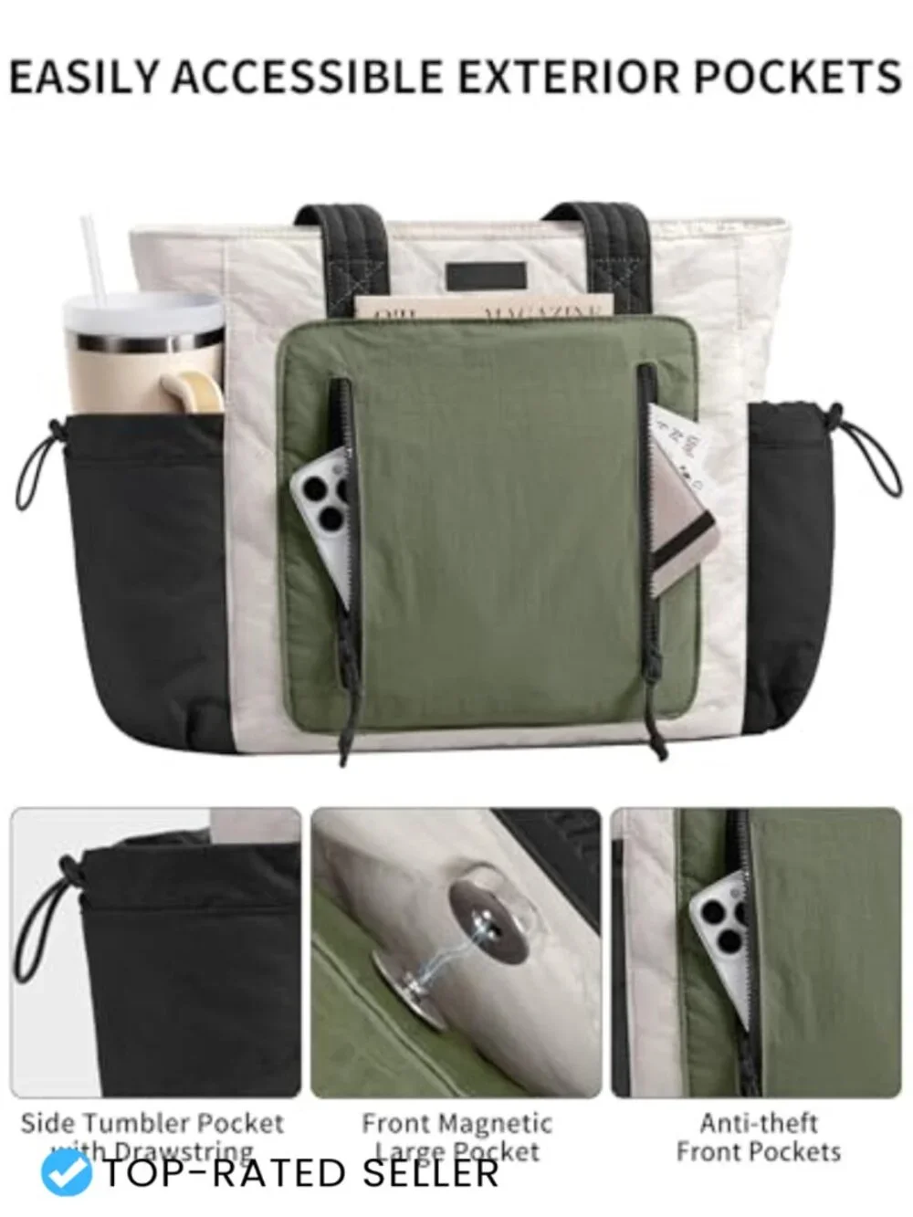 Lightweight Puffy Quilted Tote Bag Large Work Laptop Travel Gym